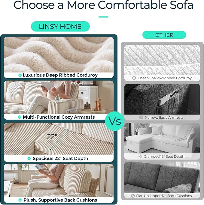 LINSY HOME Sectional Sleeper Sofa with Pull Out Couch Bed - Convertible Plush Corduroy Cloud Couch with Storage Chaise & USB Charging, Comfy L Shaped Modular Couches for Living Room Apartment, Beige
