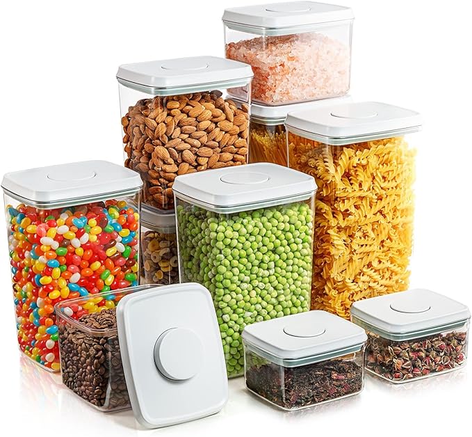 Airtight Pop Food Containers 10-Piece Set BPA-Free Stackable Air Tight Pantry Storage Containers Ideal for Storage Cereal Snack Flour Sugar Spaghetti