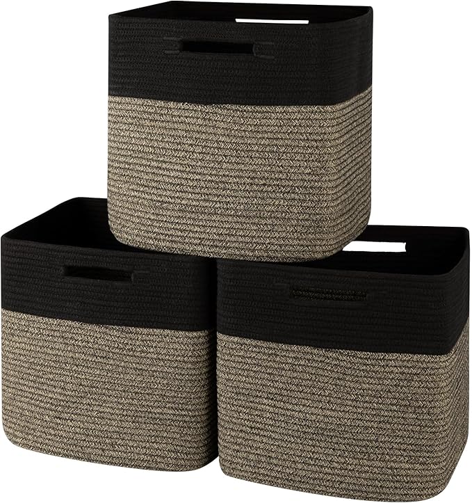 OIAHOMY 13 Kallax Inch Cube Storage Bins, 3-Pack Cotton Rope Woven Baskets for Organizing, Kallax Insert Storage Baskets for Shelves, Baby Nursery, Closet Organizer, 13*13*12.6IN, Black & Mixed Brown