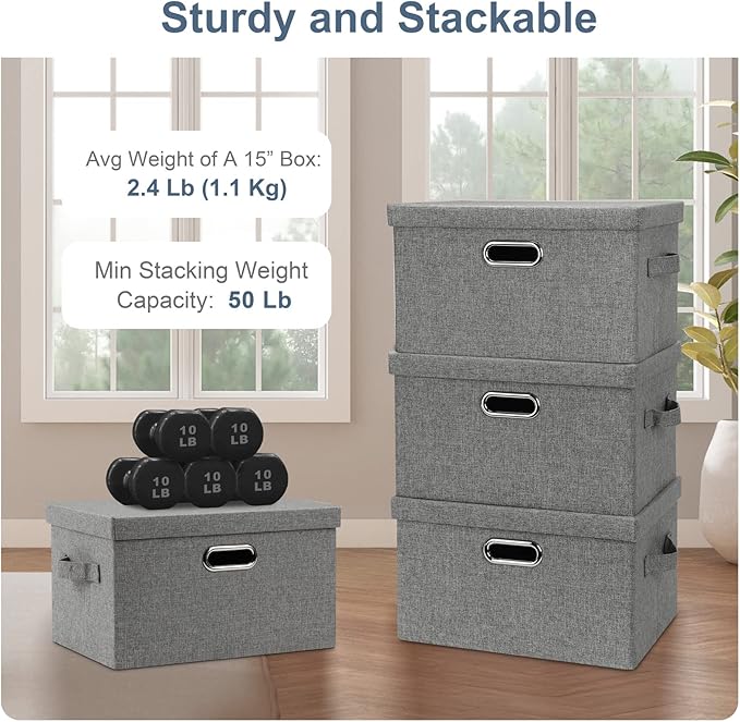 Medium 15" 21 Quart Collapsible Stackable Storage Bins with Lids, 5 Packs Grey Foldable Fabric Closet Boxes Heavy-duty Linen Cube Baskets Container for Bedroom Office (15 x 11 x 8)