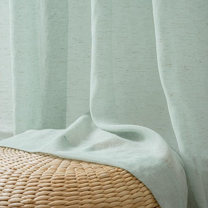 FMFUNCTEX Linen Sheer Curtains for Bedroom, Sage Green Curtains 84 inches Long for Living Room, Farmhouse French Flax Blend Window Draperies, Rod Pocket 2 Panels Set