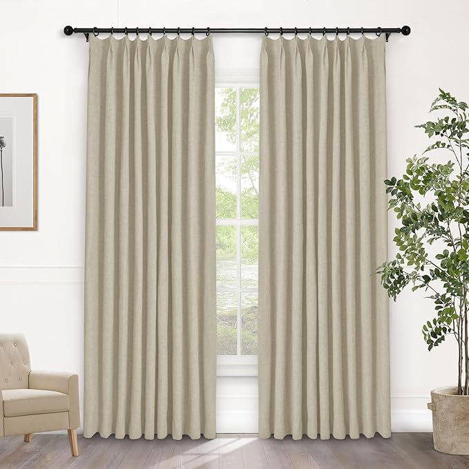 Macochico 52”Wx96”L 100% Blackout Curtains for Bedroom Living Room Nursery Beige Pinch Pleated Linen Curtains Farmhouse Burlap Drapes Thermal Window Panels with Hooks and Tieback 1 Panel
