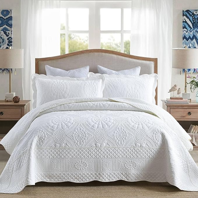 MarCielo 3-Piece 100% Cotton Oversized Bedspread Lightweight Quilt Coverlet Embroidery Farmhouse Bedding (Tf Bright White, Oversized King (118"x106"))