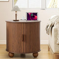 Farmhouse Round End Table with Charging Station, 24" Large Fluted Sofa Side Table with Sliding Tambour Door & Storage, Mid-Century Wood Nightstand for Living Room, Bedroom (Walnut)