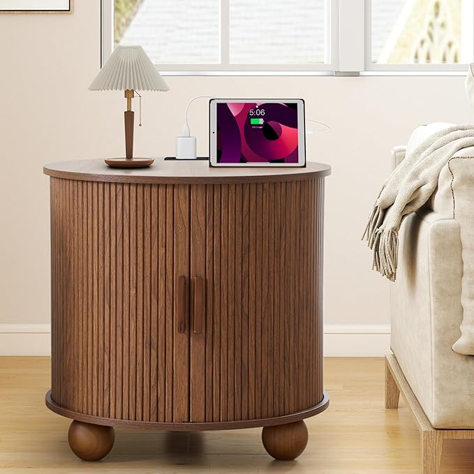 Farmhouse Round End Table with Charging Station, 24" Large Fluted Sofa Side Table with Sliding Tambour Door & Storage, Mid-Century Wood Nightstand for Living Room, Bedroom (Walnut)