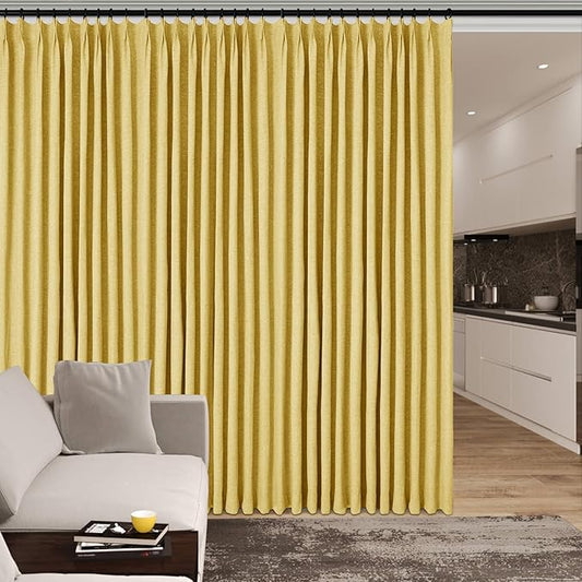 Yellow Pinch Pleat 100% Blackout Drapes Linen Blend, Room Divider, Room Darkening, Energy Saving, Furniture Protecting, Light Blocking Extra Wide Privacy Curtains, 200Wx108L, 1 PC