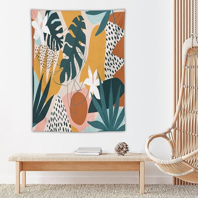 Abstract Bohemian Mid Century Tapestry, Tropical Leaves Modern Geometric Archway Minimalist Bohemian Botanical Aesthetic Wall Hanging, Sage Green Gold Home Decor Art for Bedroom 50x60 Inch