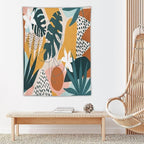 Abstract Bohemian Mid Century Tapestry, Tropical Leaves Modern Geometric Archway Minimalist Bohemian Botanical Aesthetic Wall Hanging, Sage Green Gold Home Decor Art for Bedroom 30x40 Inch