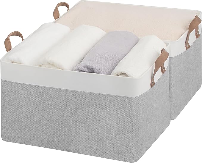 StorageWorks Storage Bins, Fabric Storage Bins for Shelves, Extra Large Storage Baskets with Metal Frame, Closet Baskets and Bins with Handles, Jumbo, Gray and White, 2-Pack