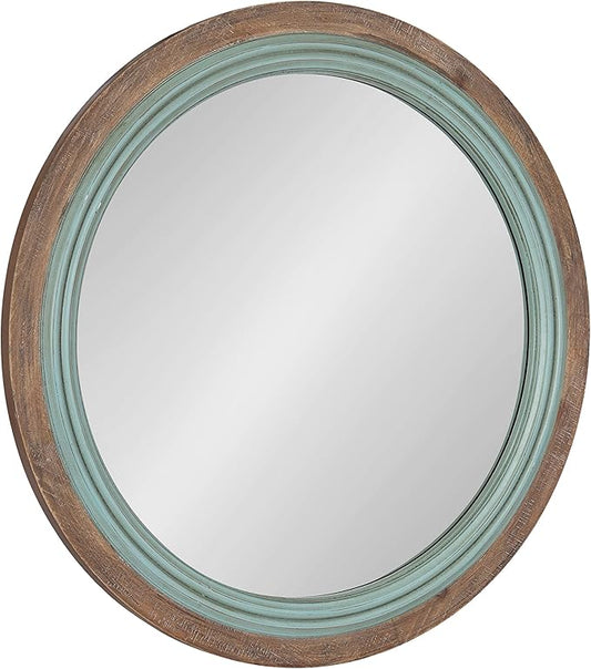 Kate and Laurel Palmer Rustic Farmhouse Round Wooden Mirror, 26 Inch Diameter, Blue and Rustic Brown, Modern Circle Decorative Wall Mirror with Paint Distressing