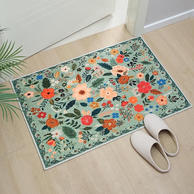 Door Mat Indoor Entrance 2x3 Rug Machine Washable Boho Floral Small Area Rug Non-Slip Low Pile Throw Rugs for Entryway, Kitchen, Front Door Indoor Entrance, Entry, Kids Room (Green)