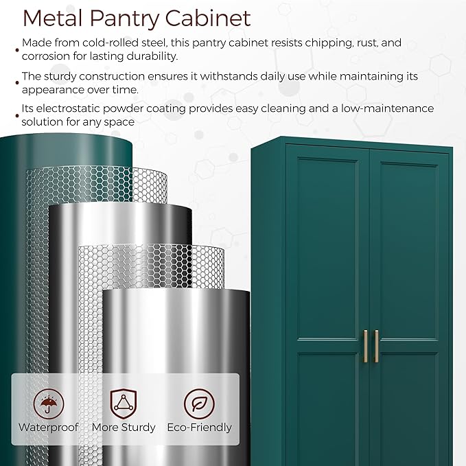 71" Metal Pantry Cabinet, Tall Kitchen Pantry Storage Cabinet with 4 Adjustable Shelves and Gold Handles, Green Cupboard for Kitchen, Dining Room, Living Room