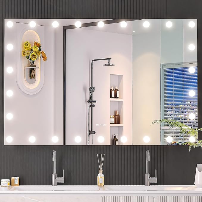 Hasipu LED Bathroom Mirror with Lights, 55" x 36" Hollywood Wall-Mounted Bathroom Mirror with 26 Dimmable Bulbs, 3 Colors Modes, Touch Control, Anti-Fog, Memory Function, Shatter-Proof, ETL Listed