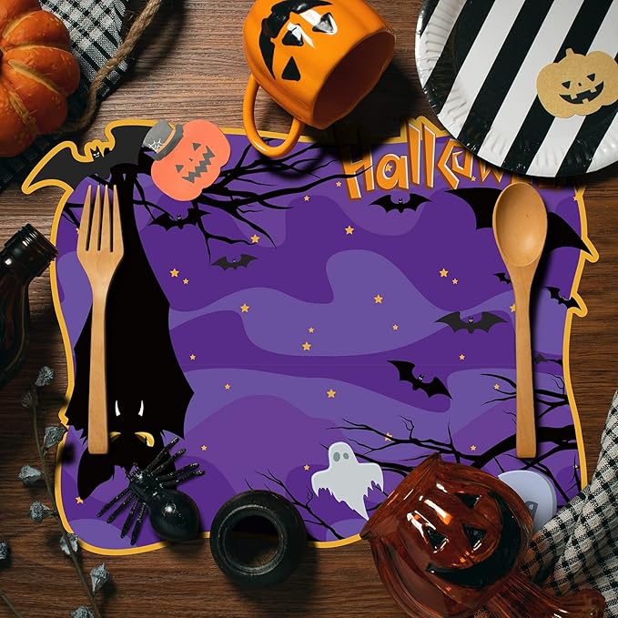 MCEAST 6 Pack Halloween Plastic Placemats Halloween Pumpkin Spider Ghost Waterproof Table Mats Assorted 6 Styles Halloween Party Table Decorations for Home Kitchen Dining, 16 x 12 Inches