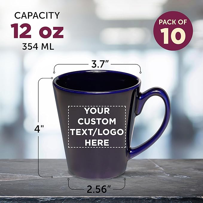 DISCOUNT PROMOS Custom Glossy Ceramic Latte Coffee Mug 12 oz. Set of 10, Personalized Bulk Pack - Perfect for Tea, Espresso, Cappuccino, Hot Cocoa - Blue