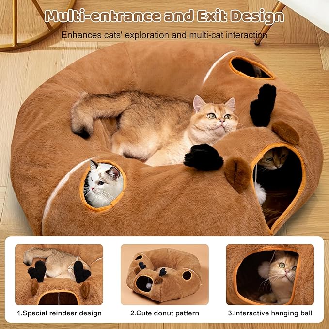 Odoland Reindeer Cat Tunnels Bed with 20 Kitten Toys for Indoor Cats, Plush Cats Couch Tunnel Bed - Kittens Cave Donut Tunnel - Detachable Soft Cat Bed and Variety Kitty Toy Set