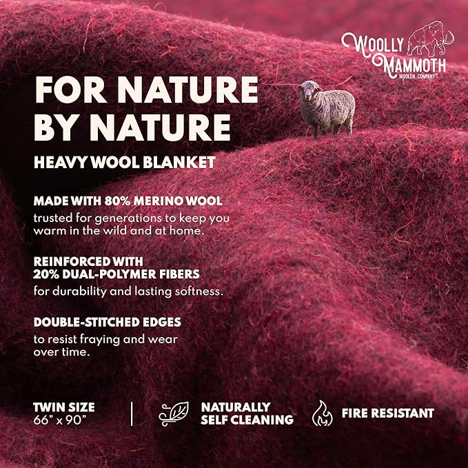 Woolly Mammoth Woolen Company Outdoor Merino Wool Throw Blanket - 66" x 90" Large Burgundy - Camping Essentials Bedroll & Emergency Survival Gear - Heavyweight Thermal & Breathable