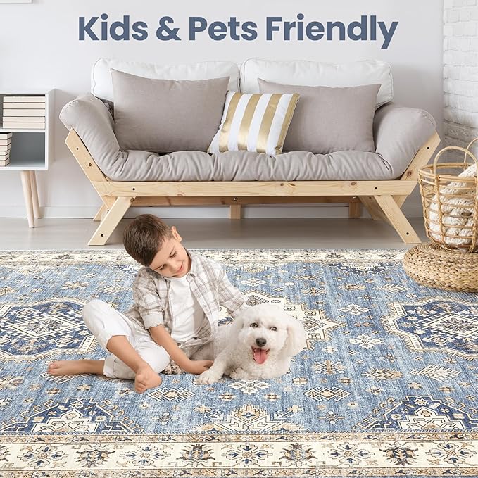 Washable Area Rugs for Living Room -10x14 Neutral Vintage Distressed Floral Farmhouse Boho Large Soft Floor Rug Indoor Non Slip Carpet for Living Room Bedroom Dining Room Office - Blue