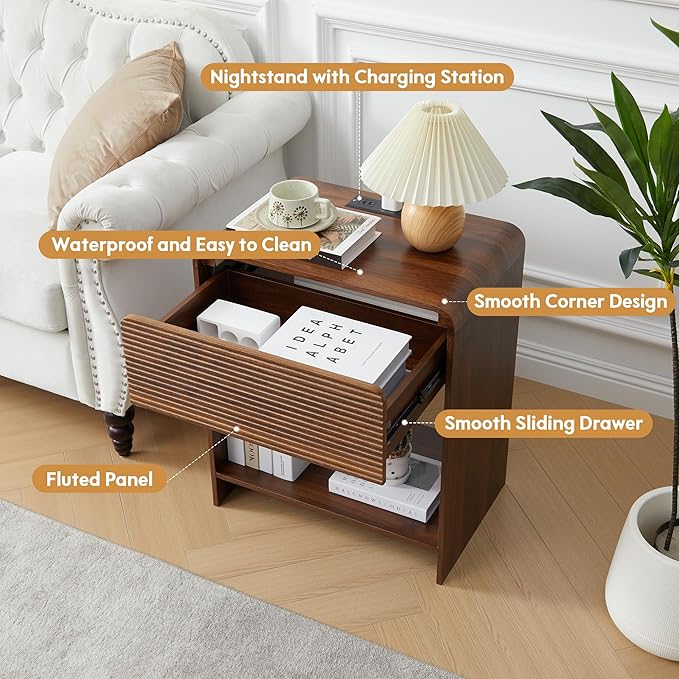 Fluted Nightstand with Charging Station, Mid Century Modern Bed Side Table End Table with Drawer Storage, Large Wooden Night Stands Bedside for Bedroom Living Room Sofa Office, Walnut