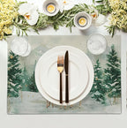 Christmas Watercolor Deer Trees Snowflakes Placemats Set of 4 Winter Rustic Nature Forest Linen Table Mat 12x18 Inch Seasonal Farmhouse Washable Place Mats for Dining Table Kitchen Xmas Decor