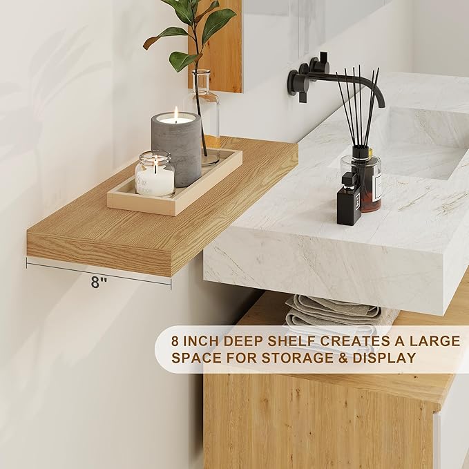 Fun Memories Floating Shelves 36 Inch Long, Deep Floating Shelf for Wall, 36 x 8 Floating Shelves Set of 2, 8 Inch Deep Wall Shelf for Living Room, Kitchen, Bedroom, Large Storage Shelves, Oak Color