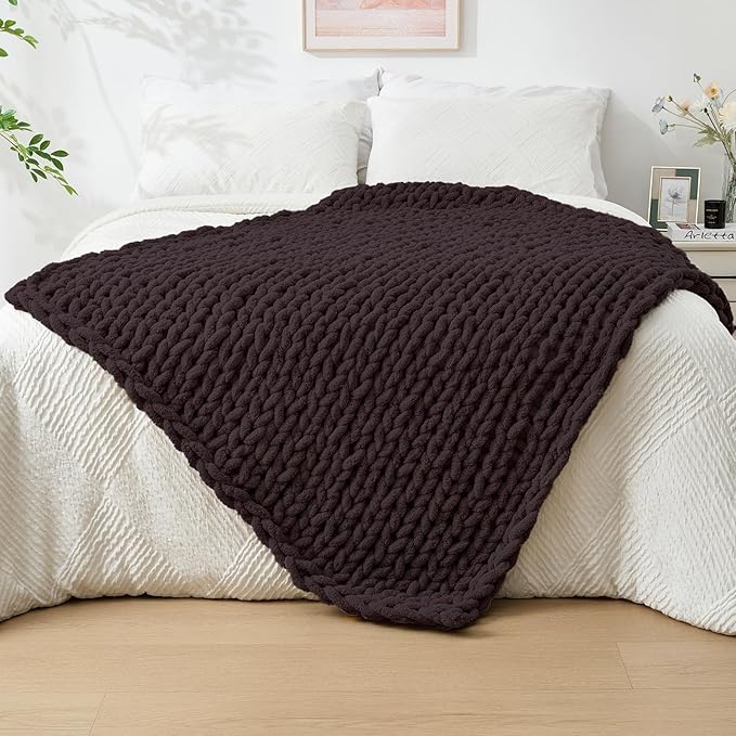 Bigacogo Chunky Knit Throw Blanket for Couch, 40x60 inches, 100% Hand Knitted with Thick Jumbo Chenille Yarn, Cozy Soft Large Rope Knot Cable Crochet Blankets for Sofa Bed Living Room, Chocolate