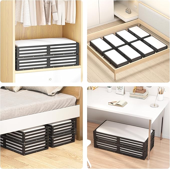 Bamboo Under Bed Storage Containers- Underbed Organizer with Wheels with Large Dust Bag,Sturdy Wood Rolling Under the Bed Shoe Storage Organizer Drawer 2 Packs (Black, Long)