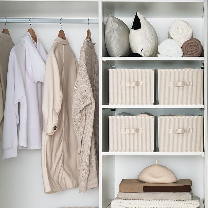 StorageWorks Storage Baskets for Shelves, Foldable Fabric Closet Storage Bins with Handles, Fabric Storage Bins Clothes Organizer, Beige Stripes, 3-Pack, Large