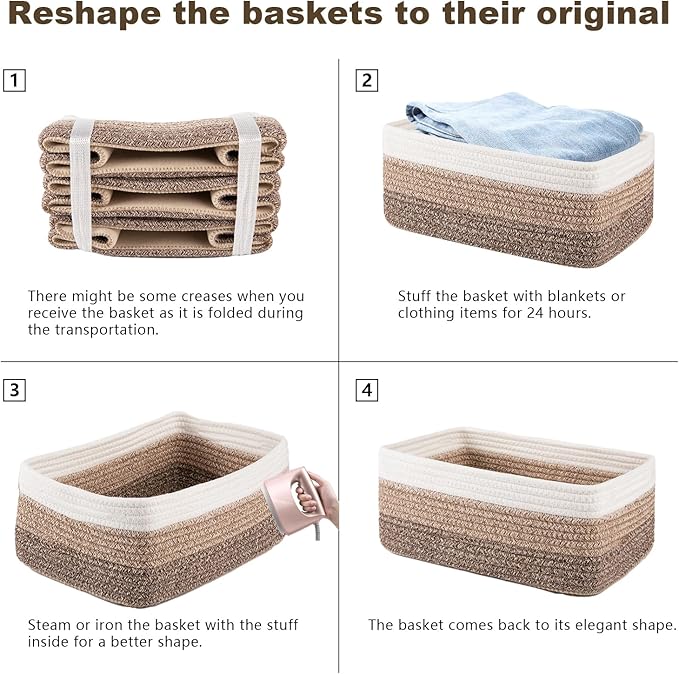 3 Pack Small Storage Baskets for Organizing, Cute Woven Decorative Gift Baskets for Shelves, Mini Closet Organizer Bins with Handles-13''Lx8.66''Wx5.11''H-Brown White