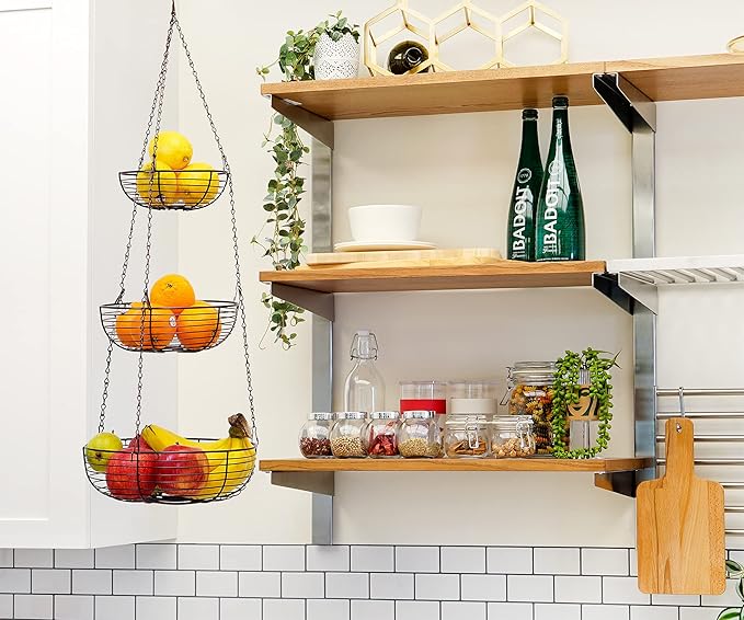 CAXXA 3-Tier Hanging Basket Fruit Organizer Kitchen Heavy Duty Wire Organizer with 2 Free Bonus Metal Ceiling Hooks(Bronze)