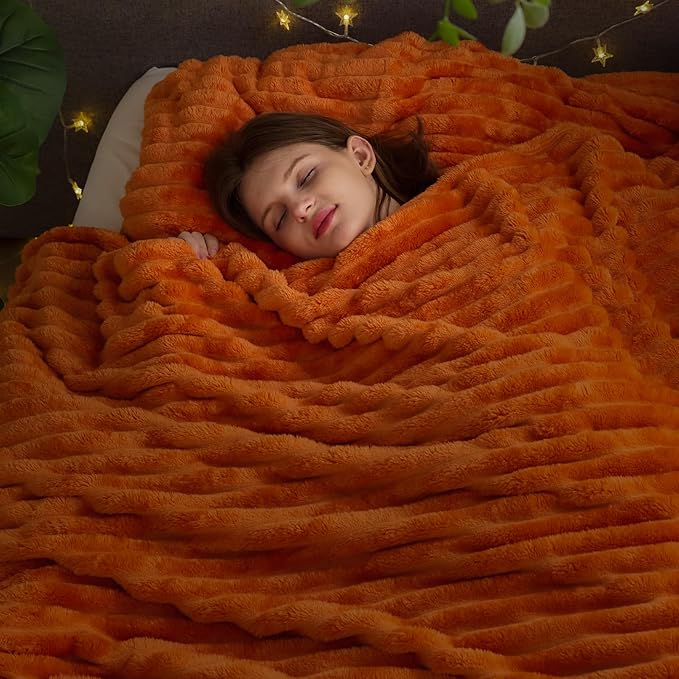 NEWCOSPLAY Super Soft Fall Queen Blanket Orange Premium Silky Flannel Fleece 3D Ribbed Jacquard Lightweight Bed Blanket All Season Use (Orange Ribbed, Queen(90"x90"))