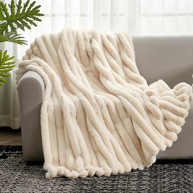 Cozy Bliss Faux Fur Throw Blanket for Couch, Cozy Warm Plush Striped Blanket for Sofa Bedroom Living Room,60 * 80 Inches Beige