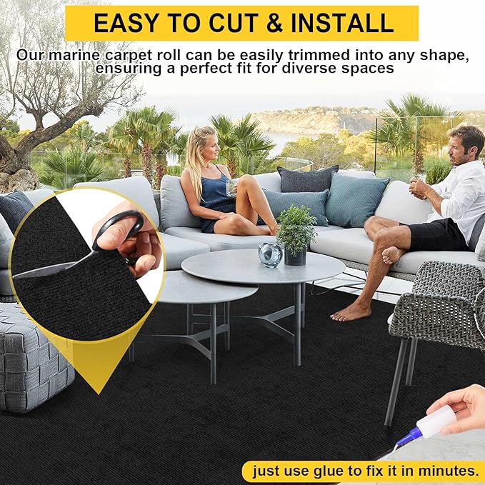 Marine Carpet - 6 FT x 18 FT Black Indoor/Outdoor Carpet, 0.2" Thick, Water-Proof TPE Backing, Non-Slide for Home, Patio, Porch, Deck
