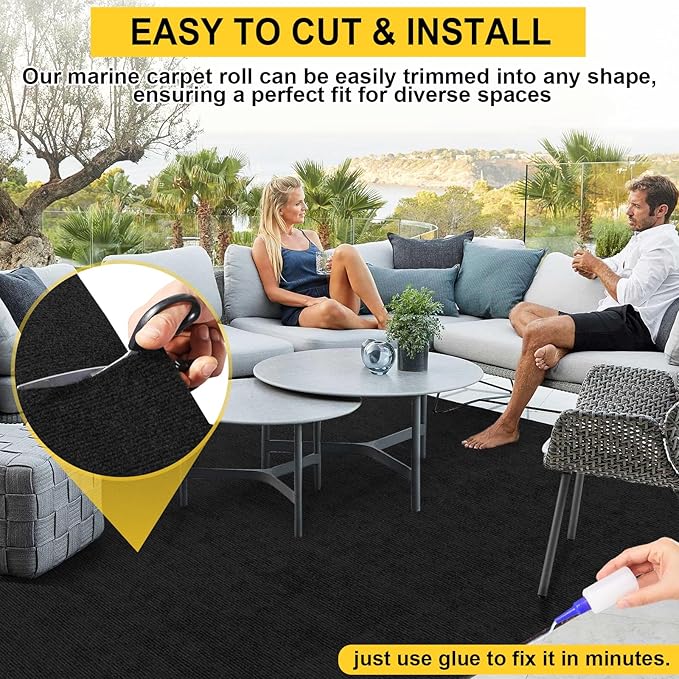 Marine Carpet, 6 FT x 14 FT Black Indoor/Outdoor Area Rug, 0.2" Thick, Waterproof, Non-Slip