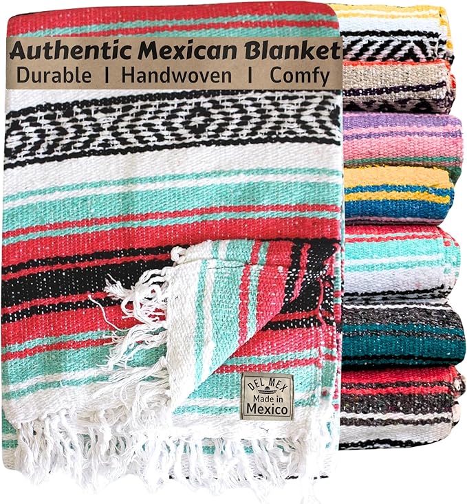 Del Mex Classic Mexican Blanket, Large Authentic Woven Falsa Throw (70"x50"), Artisan Southwest Décor for Beach, Yoga, Outdoors (Pink/Mint)
