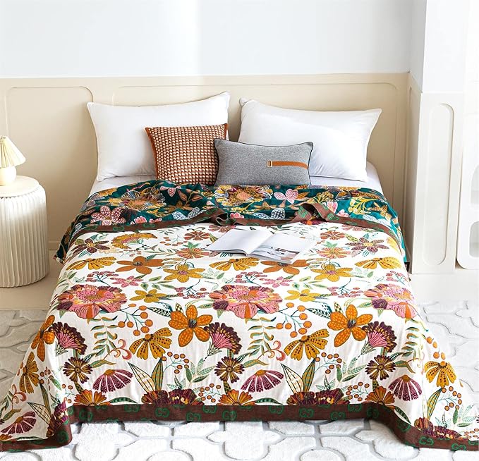 Summer Throw Blanket for Couch Bed Chair, 100% Cotton Muslin Breathable Woven Throws 60''x 80'' Boho Vintage Quilt for All Seasons Warm Lightweight Farmhouse Blankets Home Decoration