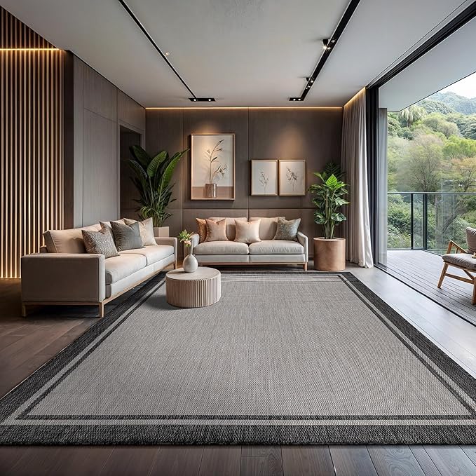 CAMILSON Indoor Outdoor Rug, 10x14 Bordered Gray Modern Area Rugs for Large Indoor and Outdoor Patios, Kitchen and Hallway Mats, Washable Porch Deck Outside Carpet (Bordered Grey, 10 x 14)