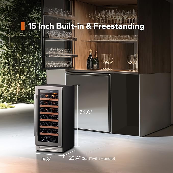 Ca'Lefort 15 Inch Wine Fridge, 28 Bottle Wine Cooler Refrigerator, 40-65°F Wine Refrigerator Glass Door, 3 LED Dual Zone Wine Fridge, Built-in or Freestanding Fridge for Home/Bar/Kitchen (3.0 cu.ft)