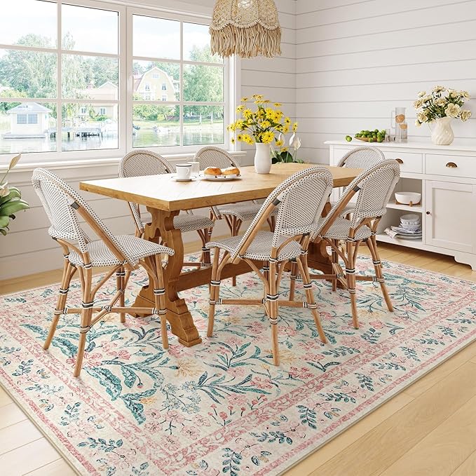 Wonnitar Washable Area Rug 6x9, Pink Floral Rugs for Bedroom Girls Soft Living Room Carpet Ultra-Thin, Boho Non Slip Non-Shedding Pastel Nursery Carpet for Kids Room Playroom Dorm