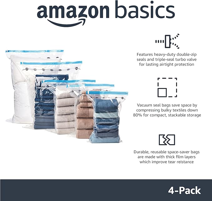 Amazon Basics Vacuum Compression Space Saving Storage Bags with Hand Pump for Clothes Packing, Ideal for Blankets, X-Jumbo Pack of 4