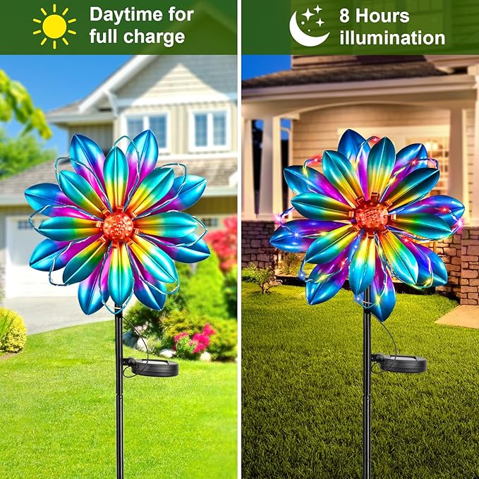 Flower Solar Wind Spinners- Metal Colorful Spinning Windmill Garden Ligths with LED Outdoor Decorative Stake Lighting Waterproof Flower Sculpture for Patio Yard