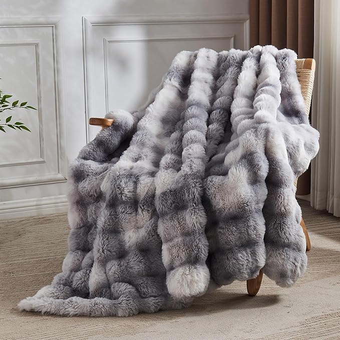Lotus Karen Queen Size Faux Fur Blanket Tie-Dye Gray - Big Bubble Rabbit Fluff Throw for Bed Large Fluffy Fuzzy Cozy Thick Furry Plush Shaggy Blankets for Men 90x90 Inches