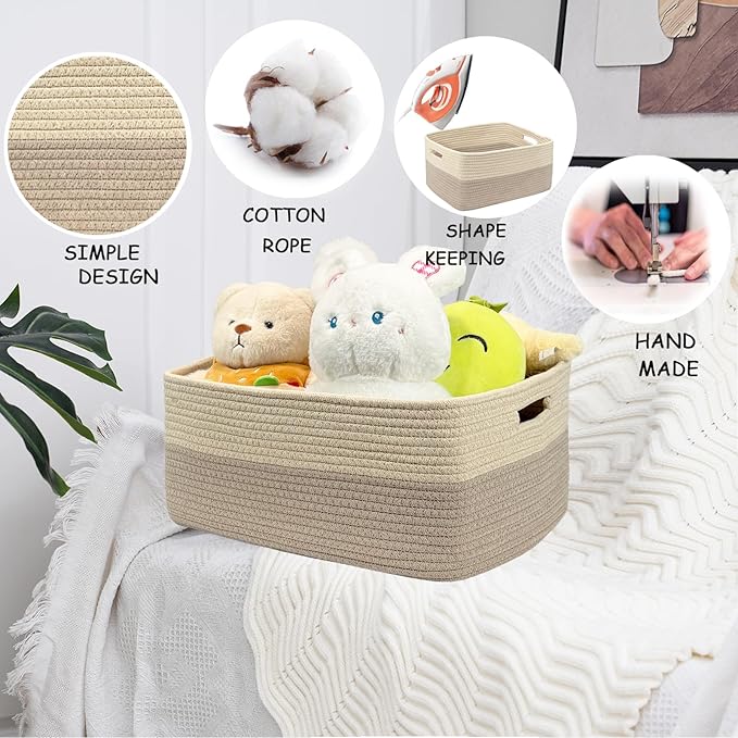 COMFY-HOMI Cotton Rope Woven Basket with Handles for Shelves,Toys,Book, Cloth Storage Baskets for Organizing-17" x 13" x 7.5" Toy Decorative Organizer for Living Room, Bathroom （Beige brown）