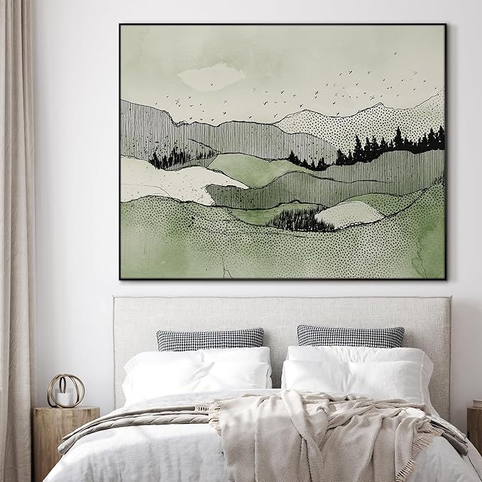 SIGNWIN 60"x72" Extra Large Framed Wall Art Green Line Art Mountain Landscape Illustration for Home Living Room Bedroom Decor (Frame Assembly Required)