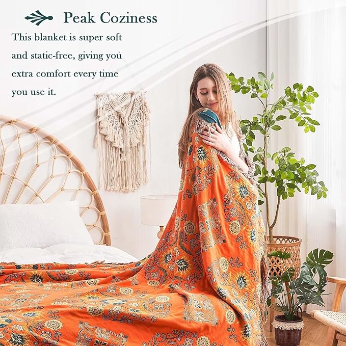 Boho Throw Blanket, 100% Cotton Ultra Soft Luxury Throw Rustic Quilt, 80"x90" Floral Printed Farmhouse Decor Bed Summer Blankets, All Season Rustic Reversible Bohemian Throw for Bed - Orange
