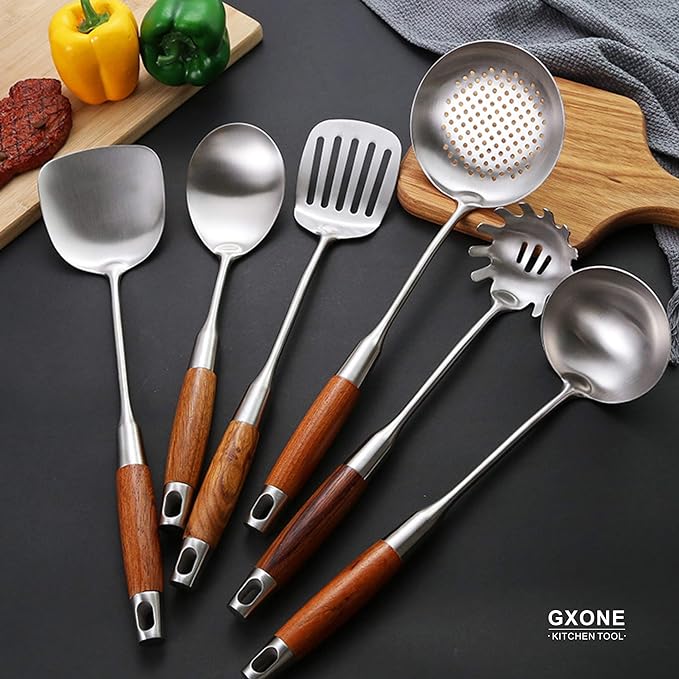 Metal Spatula,304 Stainless Steel Wok Spatula with Heat Resistant Wooden Handle,Silver/15.7Inch