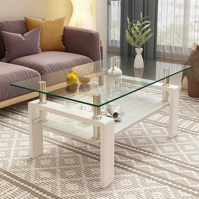 Glass Coffee Table Rectangle Living Room Center Table, with Transparent Tempered Glass Tabletop and White MDF Layer,for Living Room and Office, Transparent +White