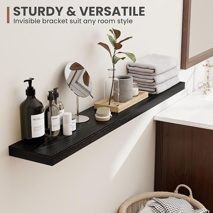 30 Inch Floating Shelves, 8 Inch Deep Floating Shelves for Wall, Hanging Shelf with Invisible Brackets, Deep Shelves for Bathroom, Bedroom, Living Room, Black, Set of 2