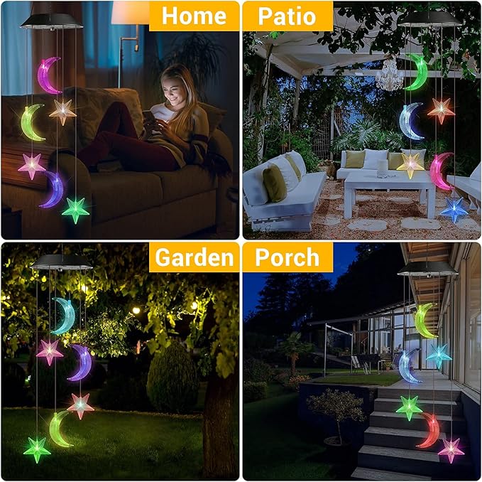 Toodour Solar Wind Chimes, Color Changing Wind Chimes Moon and Star, LED Decorative Mobile, Gift for Mom Grandma, Waterproof Outdoor Moon Star Light for Garden, Patio, Yard, Window Outdoor Decor