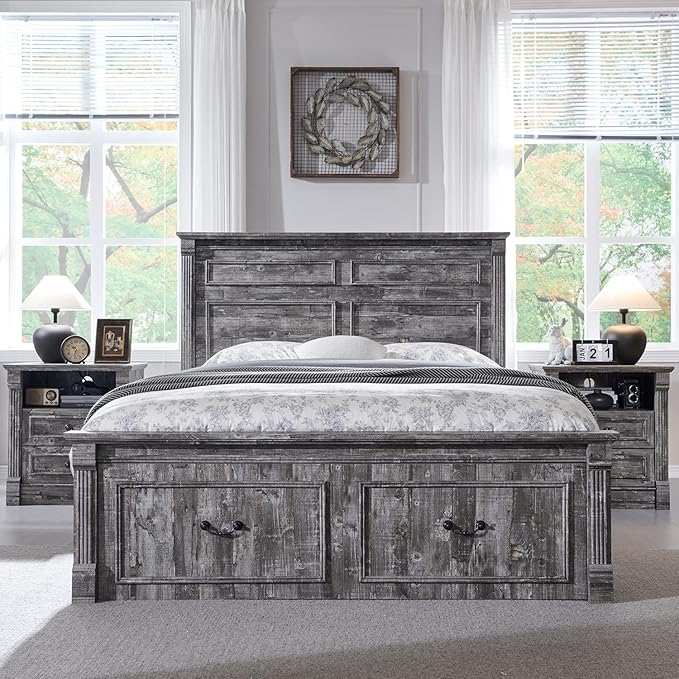 26" Tall Farmhouse Nightstand Set of 2, 2 Drawers End Table w/Charging Station, 23.6" Wide Large Side Table w/Roman Column, Wood Rustic Sofa Table w/Open Shelf, Bedside Table for Bedroom, Light Gray